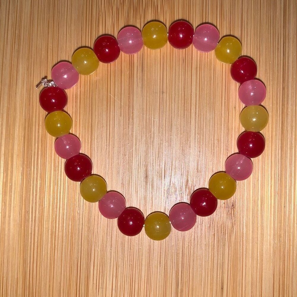 New Handmade Glass Bead Bracelet Red Pink Yellow‎ 6.2” OSFM GirlCore Fun School